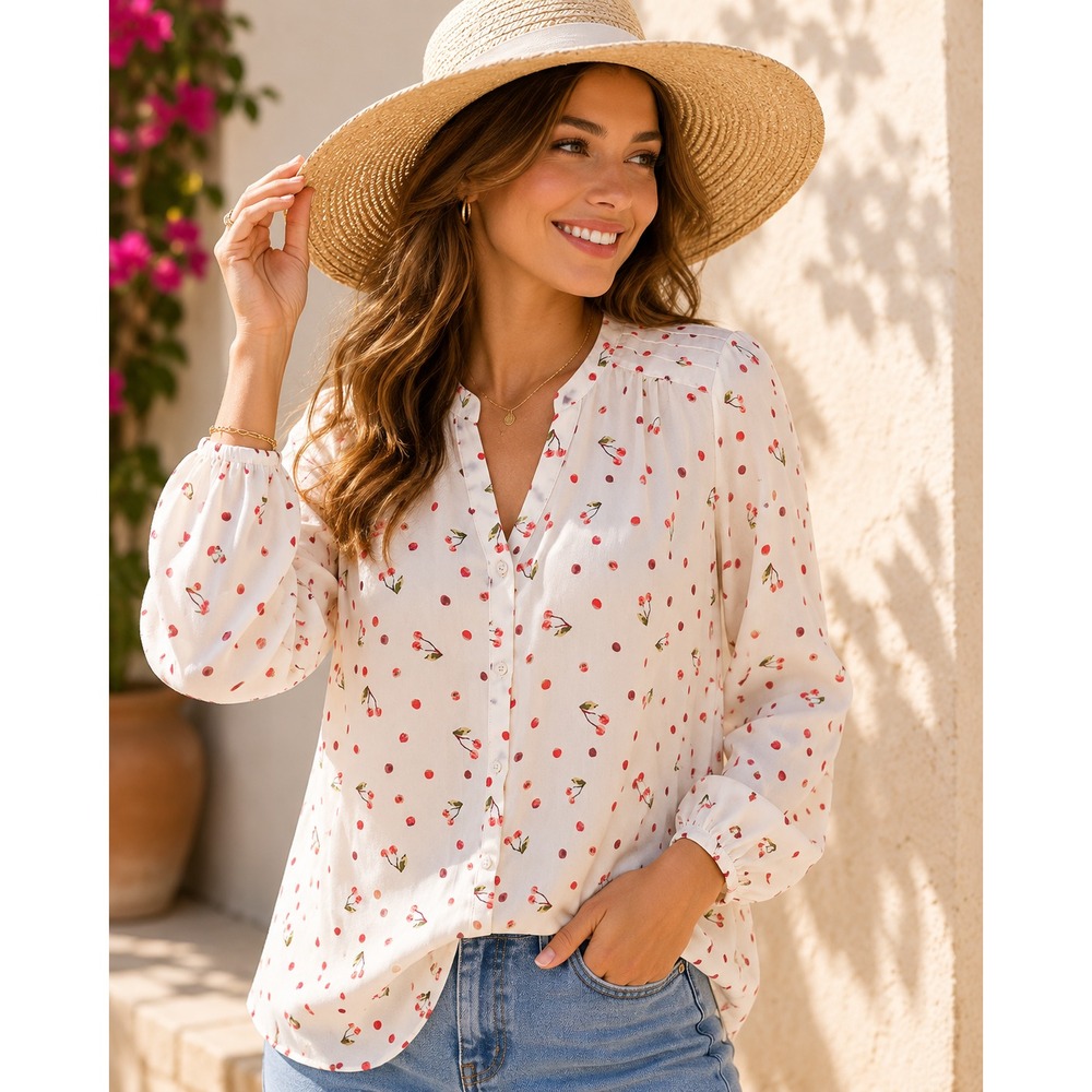 Lauren Conrad Cherry Top Blouse sz L Flowy Cottage Country Club Career